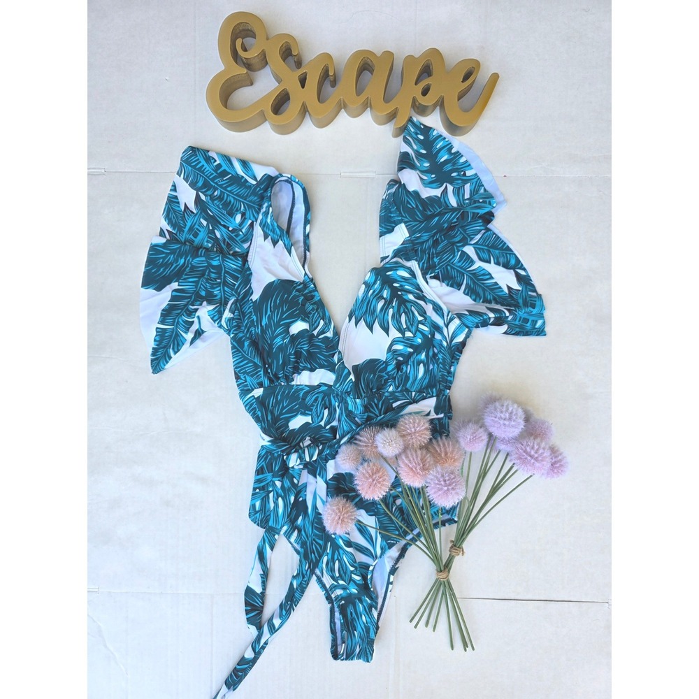 Coastal One Piece Swimsuit Medium🌴 Tropical Teal Romantic Flutter Sleeve Resort